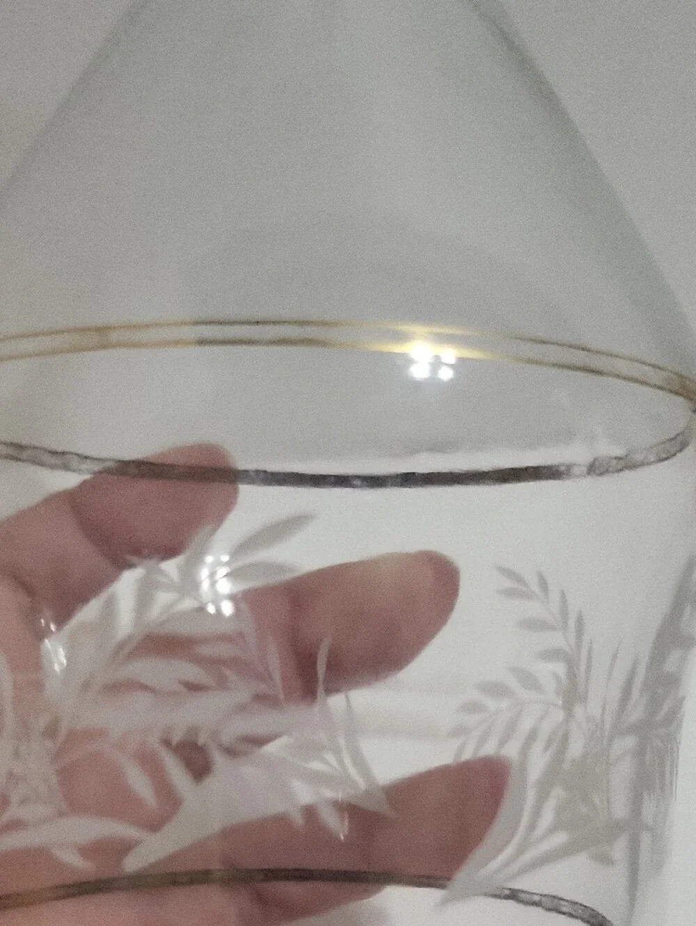 Clear Glass Decanter with Gold Accent and Leaf Etching.